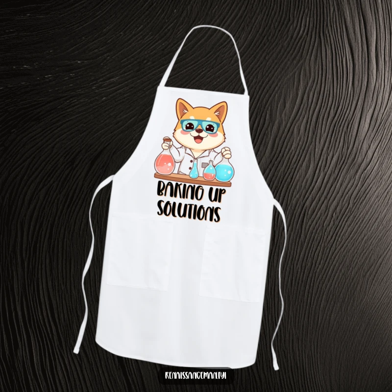Funny apron with a beaming Shiba Inu conducting a science experiment, adding humor and charm to kitchen activities.