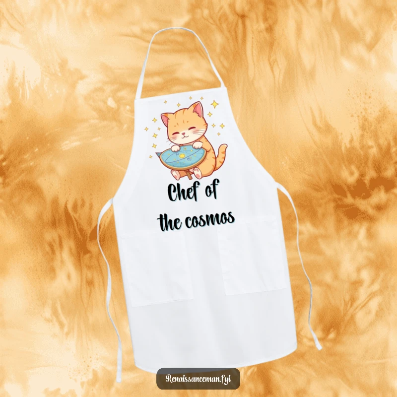 Funny cat apron, wearing an apron, studying a celestial map, ready for kitchen adventures, space-themed cooking accessory.
