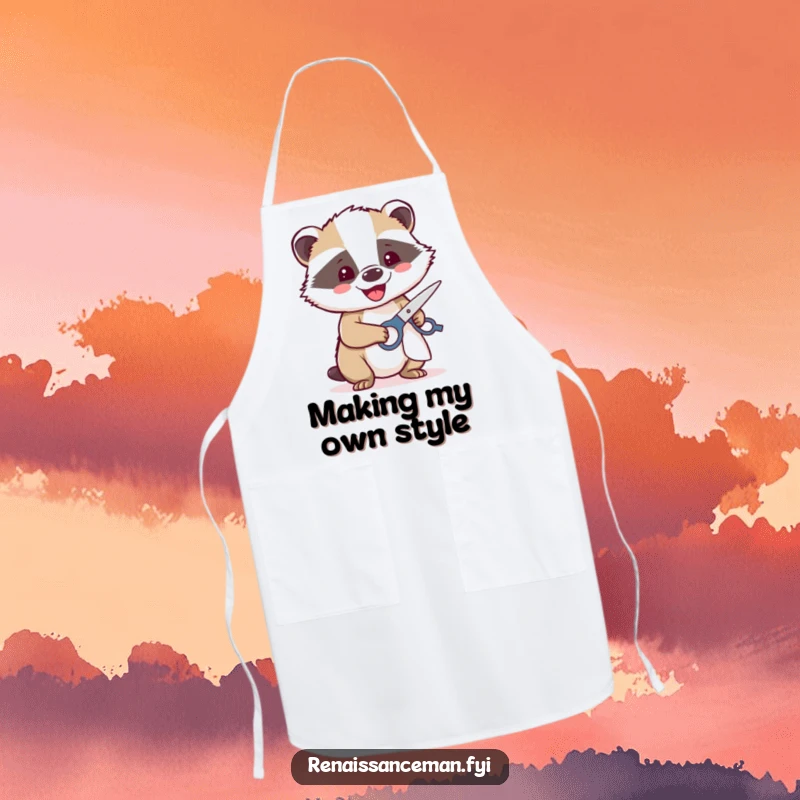 Funny apron showing a beaming badger happily using sharp scissors to cut cloth, ready for precise crafting.