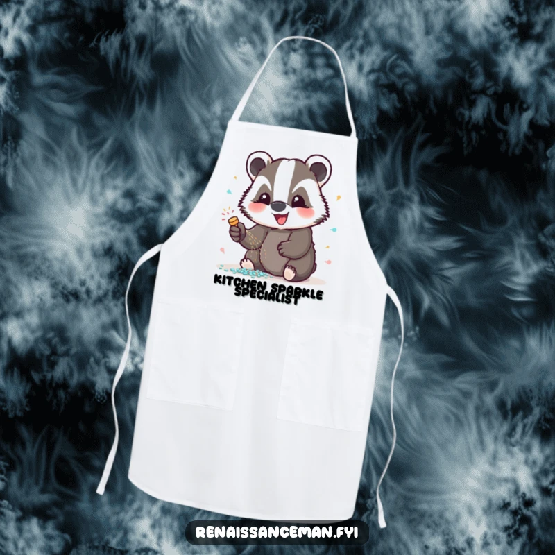 Funny badger glitter apron, practical wear for crafters adorned with a happy badger applying glitter, adding fun and sparkle to creative projects, excellent gift.
