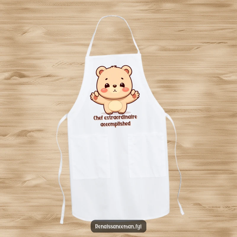 Funny bear layout apron, functional wear featuring a proud bear showcasing a finished design, ideal for keeping clean during creative work and as a funny gift.