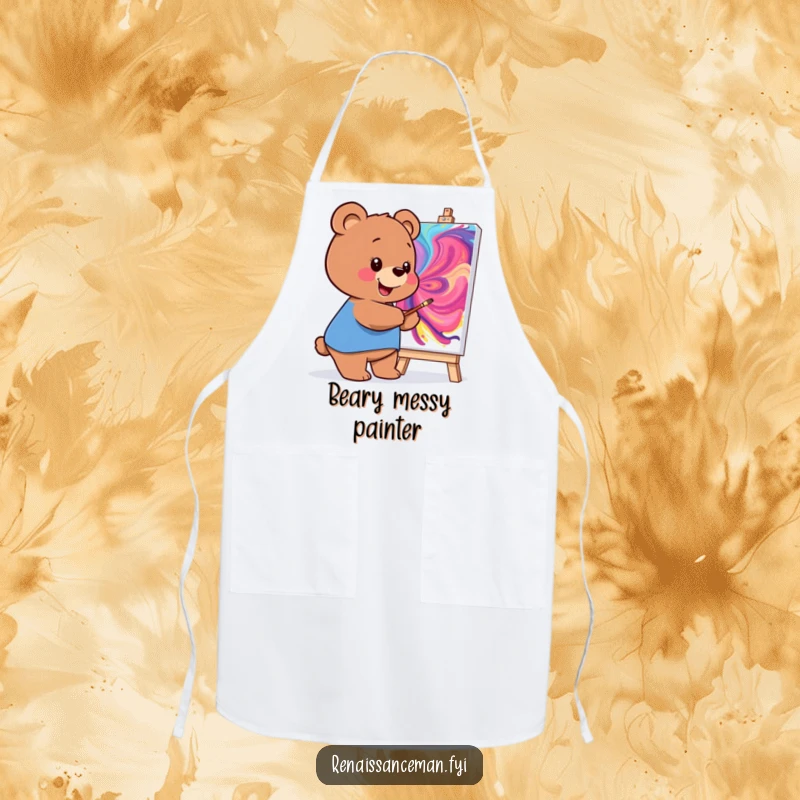 Funny apron with a smiling bear painting a colorful masterpiece, perfect for humorous kitchen creations and art sessions.