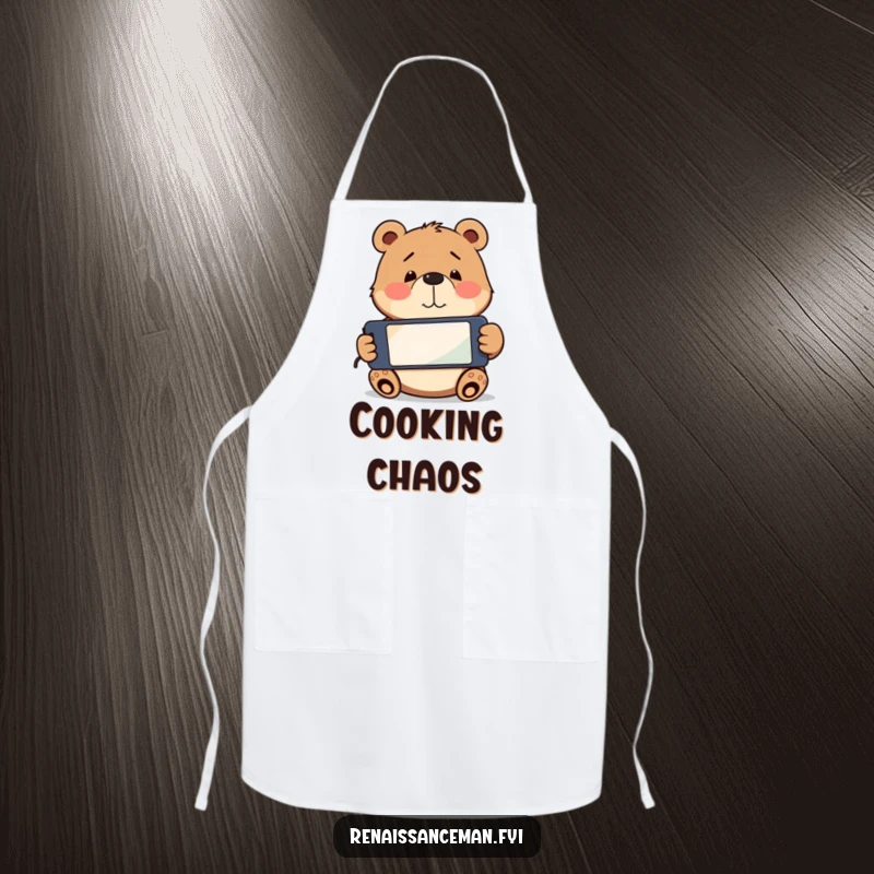Funny playful bear holding a smartphone upside down, looking confused. Protective and funny apron.