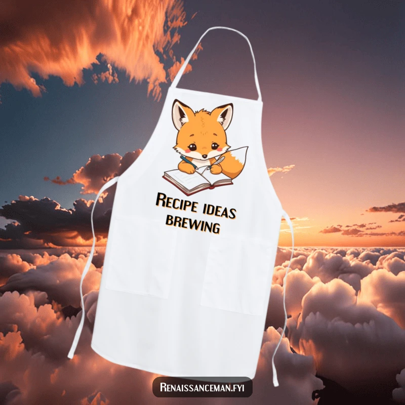 Funny creative fox using a quill pen to write in a notebook, wearing a comical artist apron.