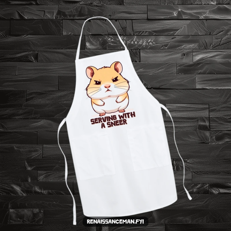 Funny apron with a proud hamster staring blankly with disdain, perfect for a humorous and judgmental cooking experience.