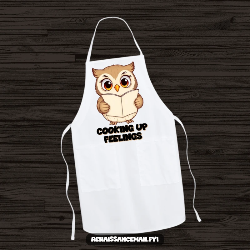 Funny owl apron, curious owl with excited eyes reading a grand love letter, kitchen humor gift.