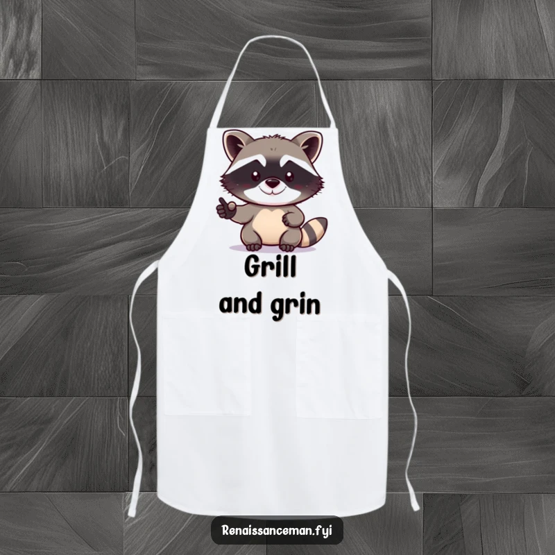 Funny raccoon apron showing a determined raccoon taking a selfie with a small grin, perfect for cooks who love humor.