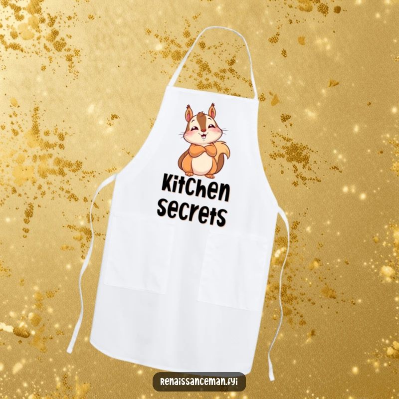 Funny apron with a delighted squirrel leaning back, arms crossed, and a knowing look, ready for kitchen duty.