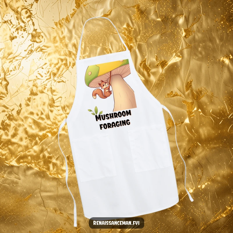 Funny squirrel apron, a determined squirrel character rappels down a large mushroom with a rope, bringing humor to the kitchen.