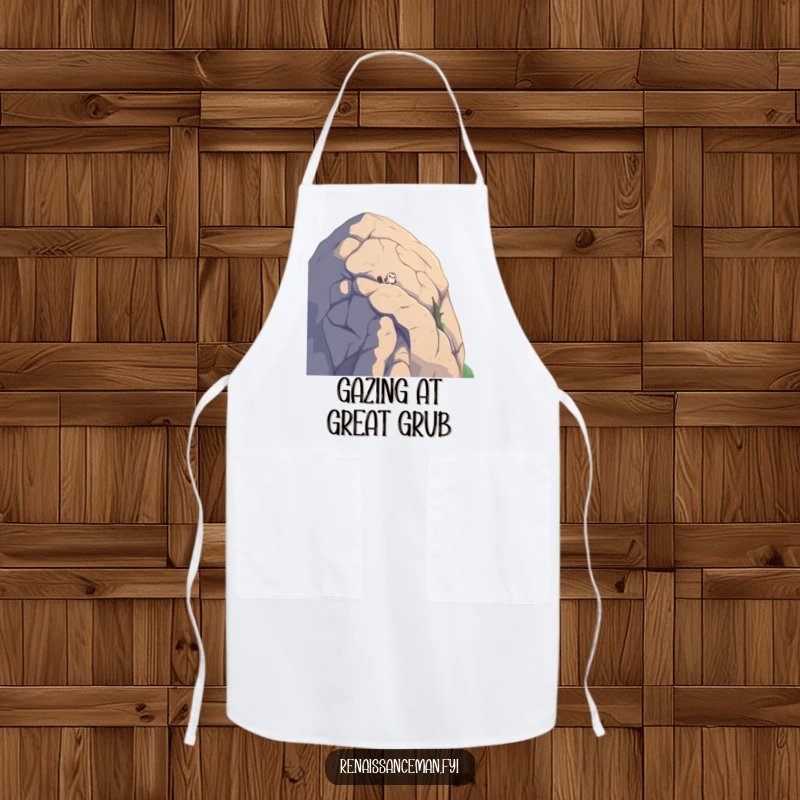 Funny apron showing a curious bird peeking over a huge boulder, perfect for humorous cooking adventures in the kitchen.
