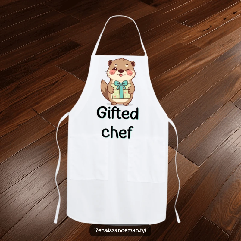 Funny otter apron. A happy otter winks while presenting a beautifully wrapped gift, ready for kitchen duty.