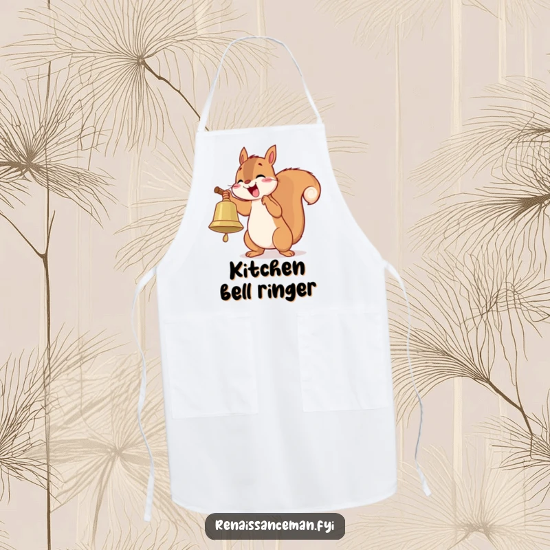 Funny apron showing a playful squirrel enthusiastically ringing a large bell with delight, perfect for kitchen announcements.