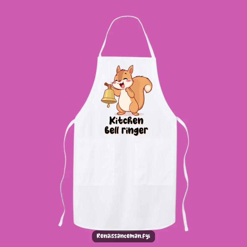 Cook up some fun with this funny apron. A playful squirrel ringing a bell adds enthusiasm to your kitchen endeavors.