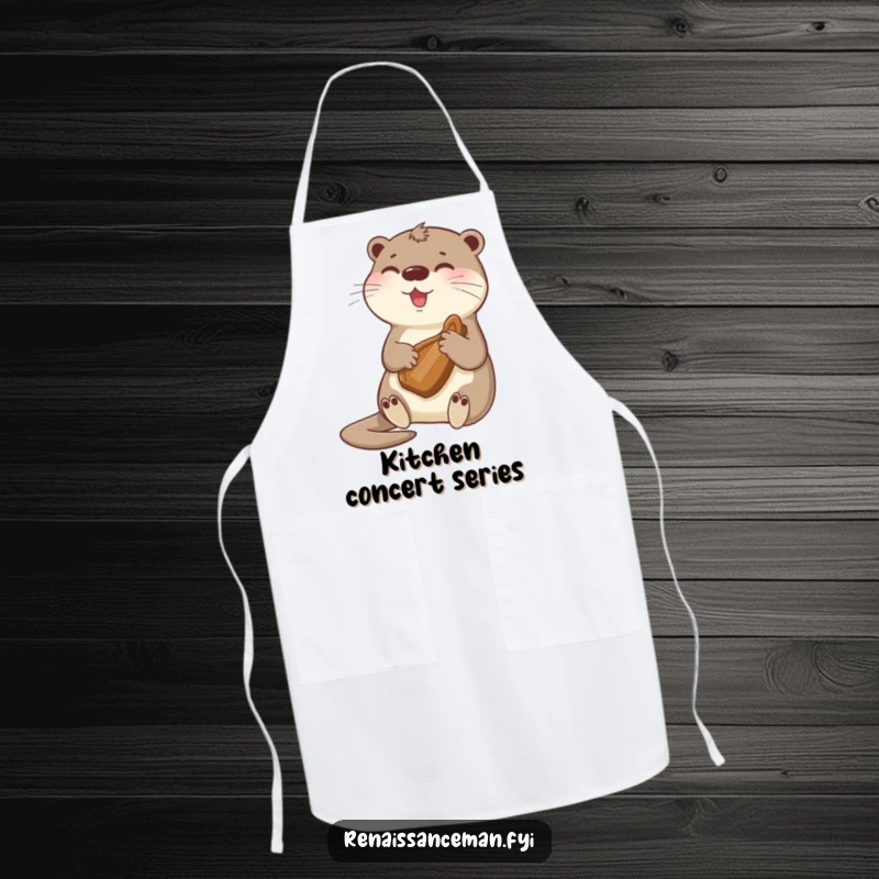 Funny otter playing a gentle tune on a tiny harp, a charming apron for kitchen adventures that adds a musical touch.