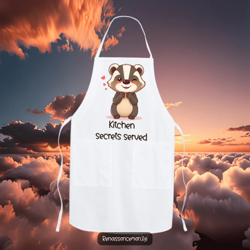 Funny apron with a giggling badger whispering secrets, ideal for kitchen fun and a humorous cooking experience.
