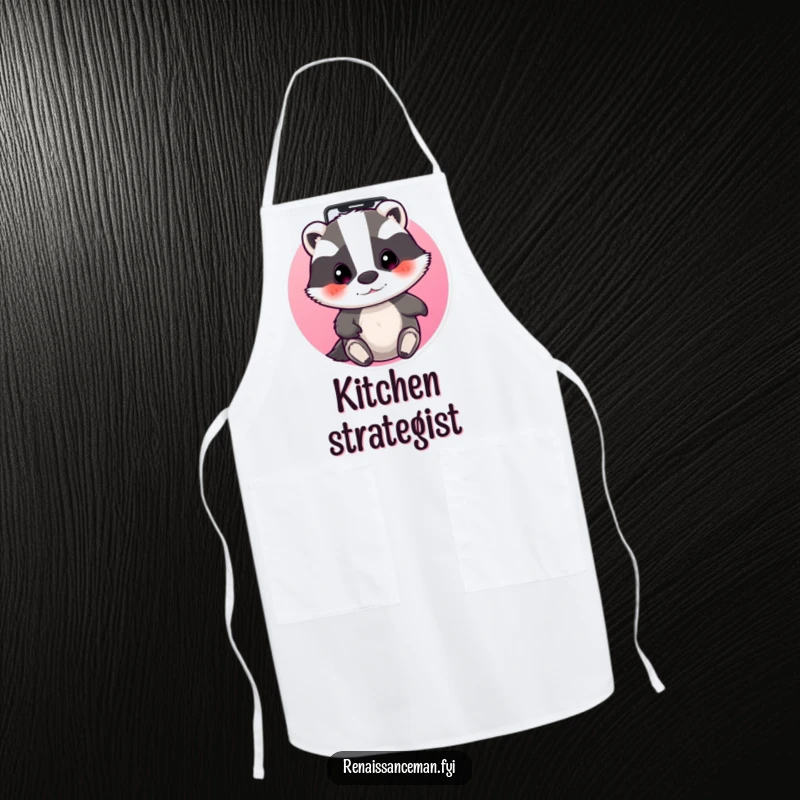 Funny beaming badger focused on a phone screen, swiping through apps. Protective and funny apron.
