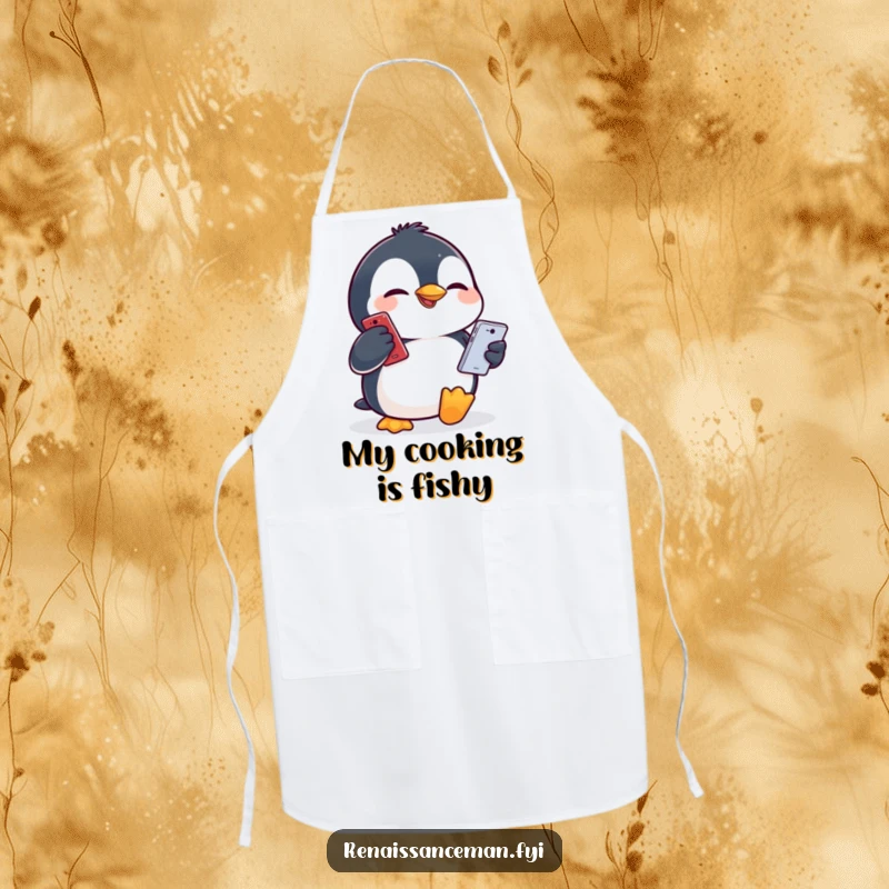 Funny penguin making a comical face while holding a smartphone, ready to cook in this humorous kitchen apron.