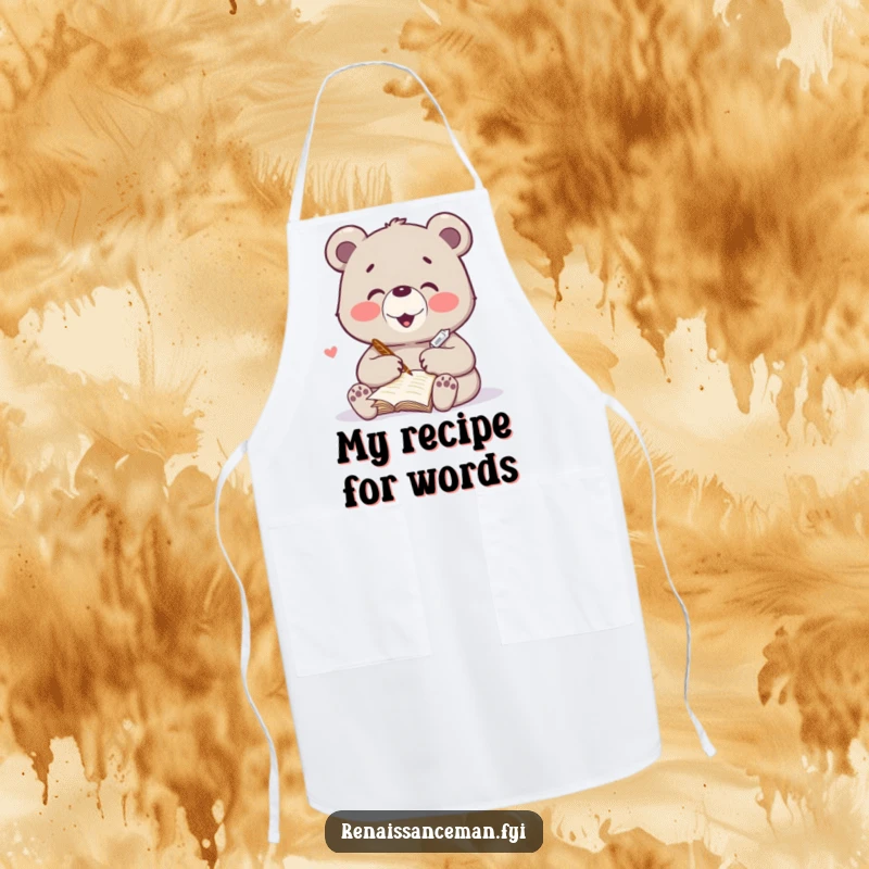 Funny apron with a delighted bear character writing a heartfelt poem with a quill. Literary inspiration for cooks.