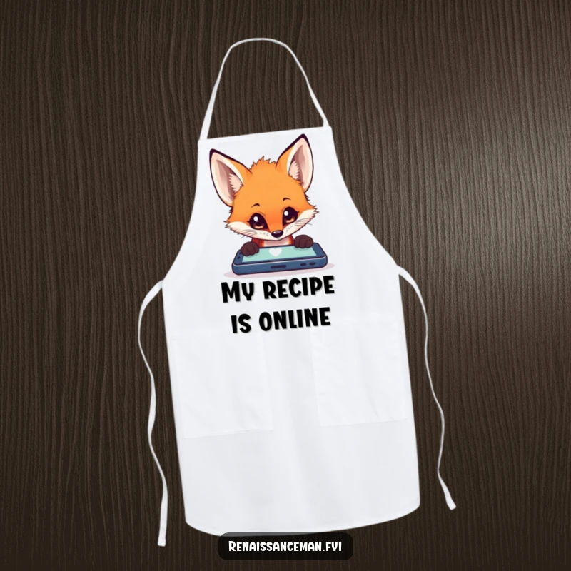 Funny fox engrossed in a smartphone while wearing a chef's hat, depicted on a humorous kitchen apron.