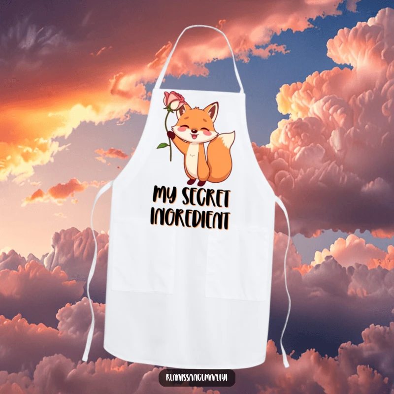 Funny apron with a happy fox character dramatically holding a single, perfect rose aloft. Kitchen drama for cooks.