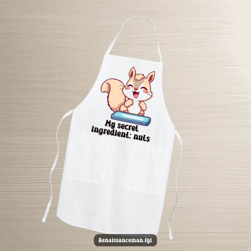 Funny squirrel tapping rapidly on a glowing screen with extreme excitement, depicted on a humorous kitchen apron.