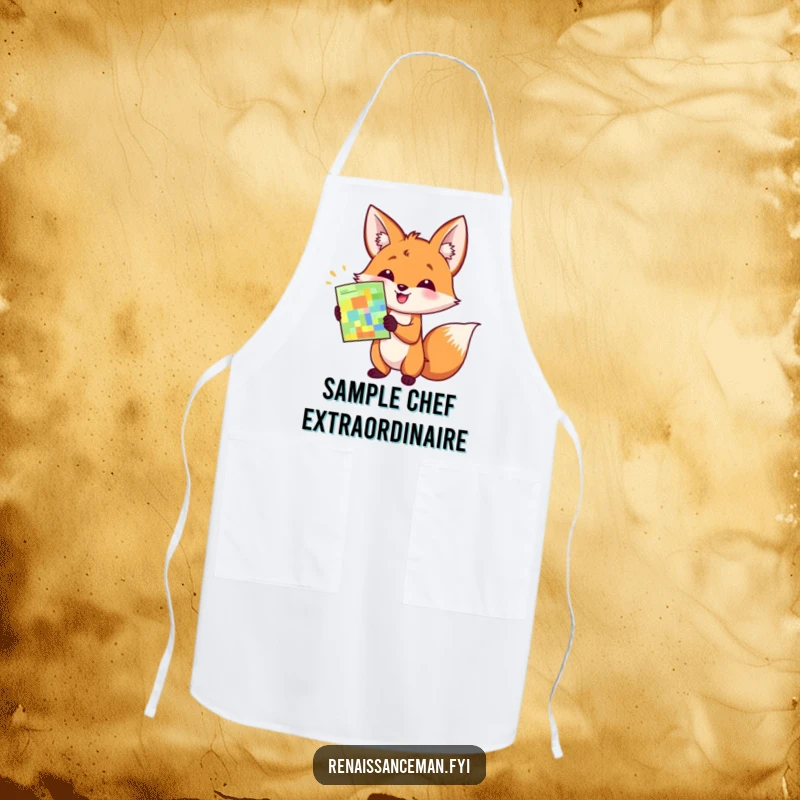 Funny apron showing a happy fox enthusiastically presenting a colorful sample with a flourish, perfect for kitchen presentations.