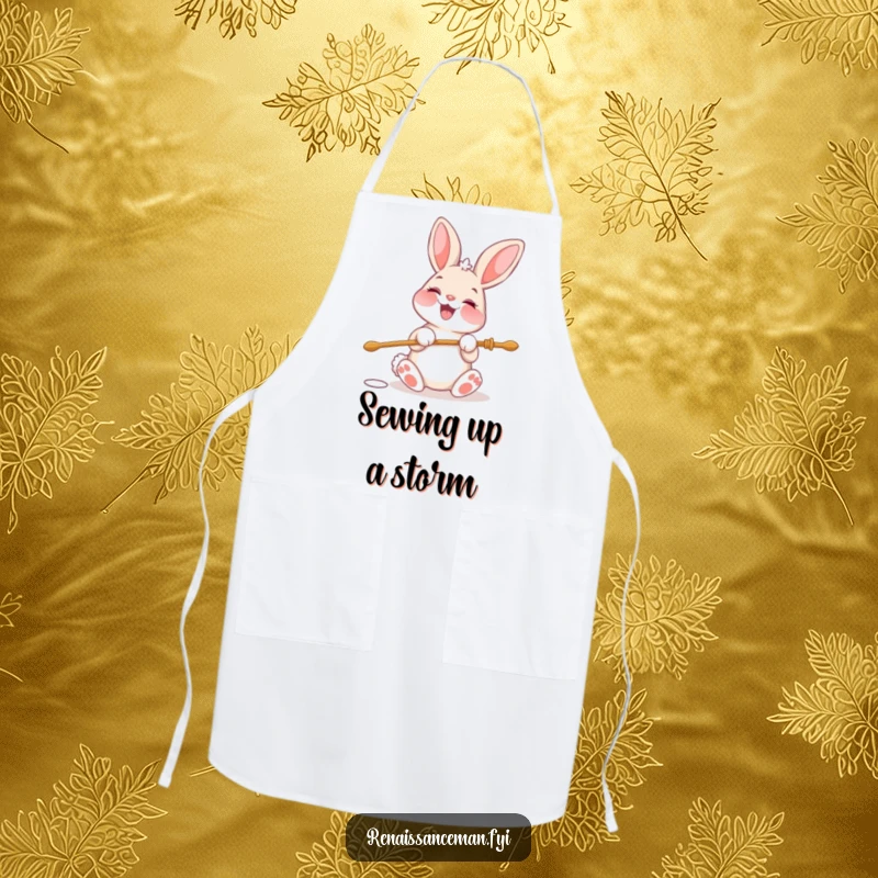 Funny apron with a cheerful bunny character beaming with glee while threading a large needle, ready for crafting.