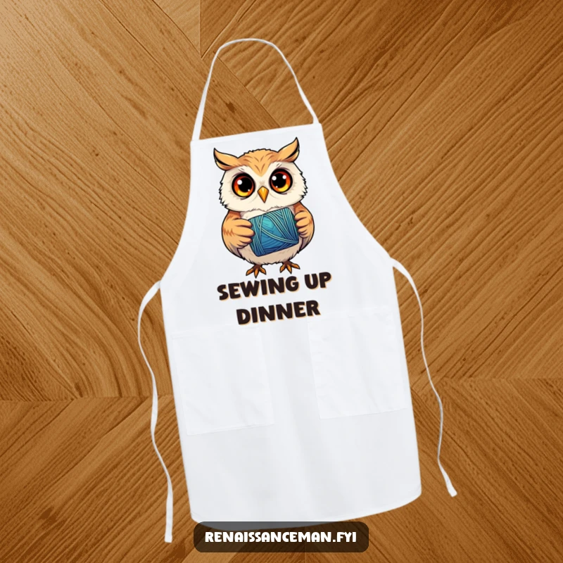 Funny apron showing a curious owl with focused eyes, holding a spool of vibrant thread, ready for precise sewing.