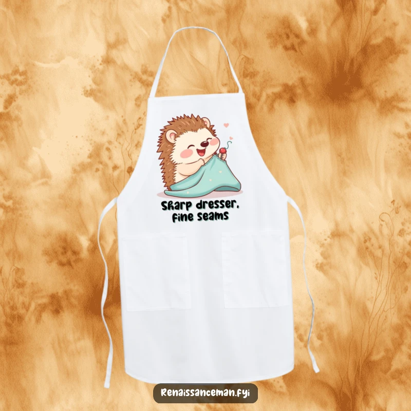 Funny apron showing a joyful hedgehog precisely pinning a complex sewing pattern onto fabric, perfect for keeping clean.