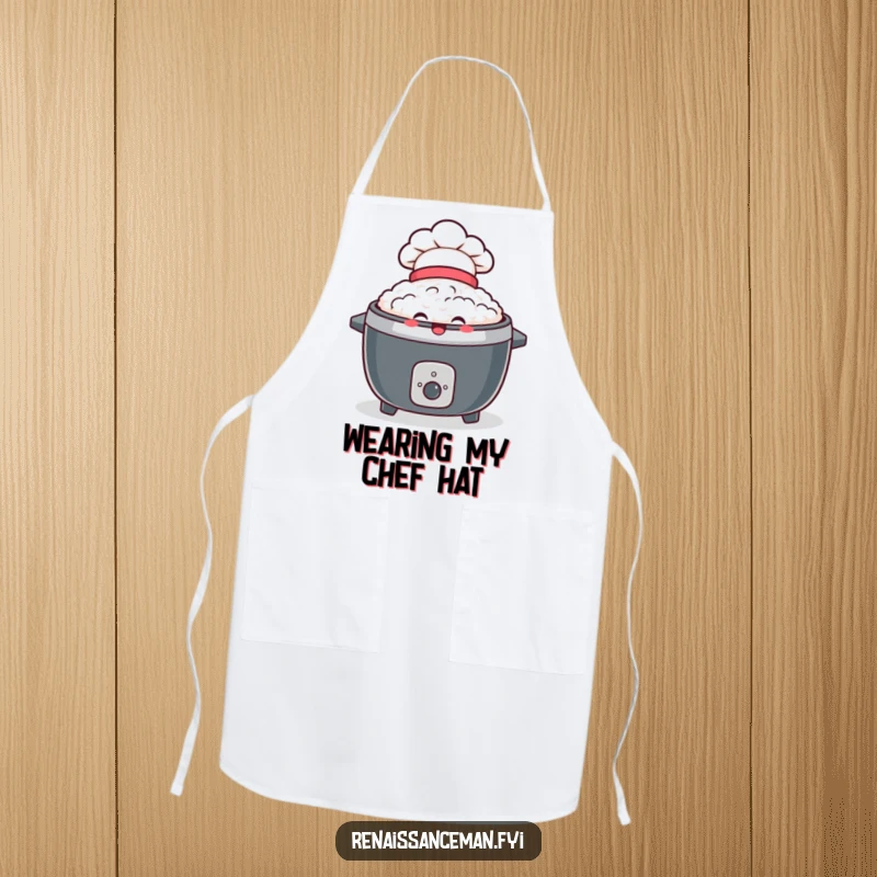 Funny apron with a delighted rice cooker wearing a tiny chef hat, designed for chefs who cook with joy and style.