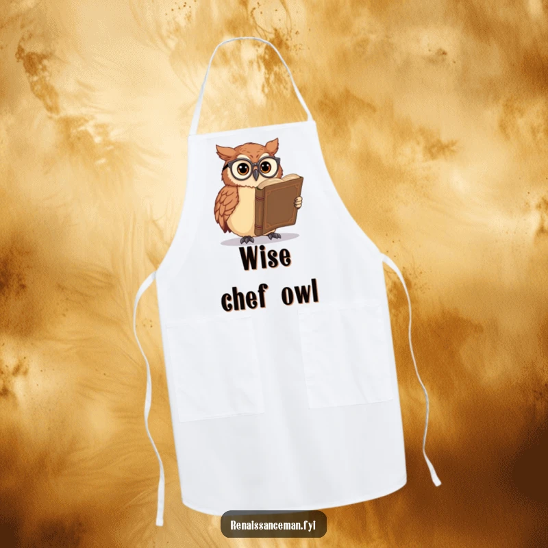 Funny owl apron, wearing spectacles, reading a large book while cooking, practical and humorous kitchen accessory for the wise chef.