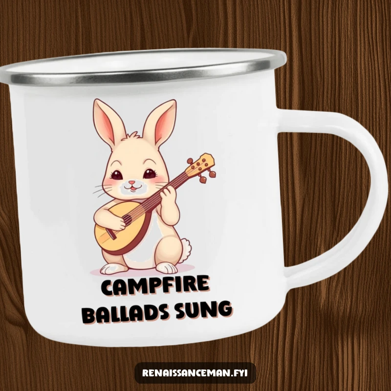Funny skilled rabbit playing a lute with focus, designed for a rugged and musical camping mug.