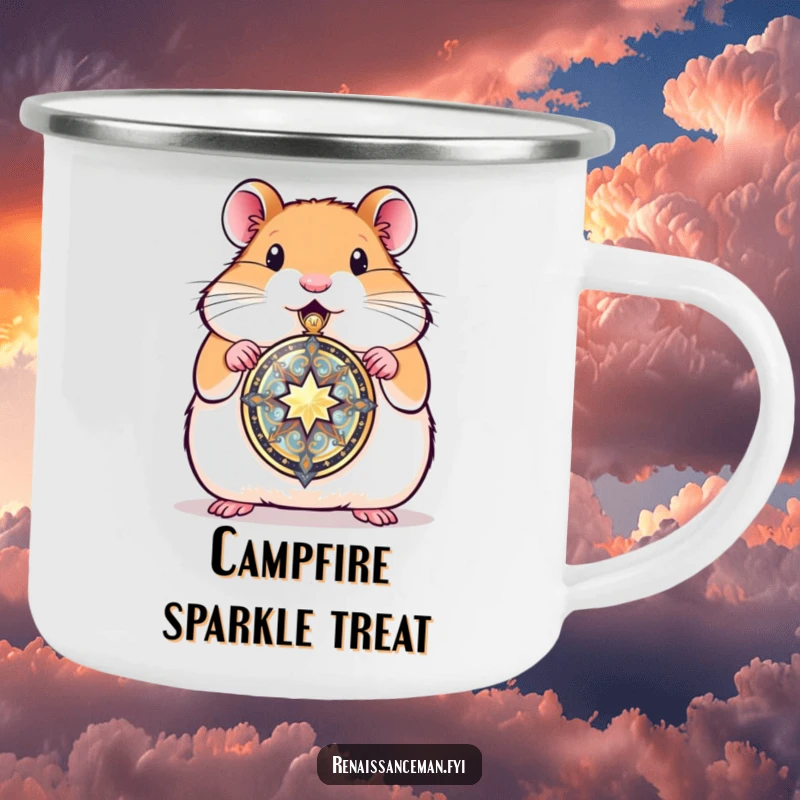 Funny hamster proudly presenting a gleaming locket, a camping mug perfect for enjoying beverages while cherishing precious memories.