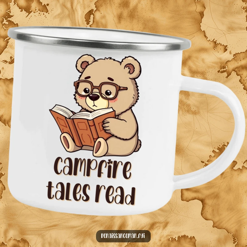 Funny scholarly bear wearing glasses reading a large book, designed for a rugged and humorous camping mug.