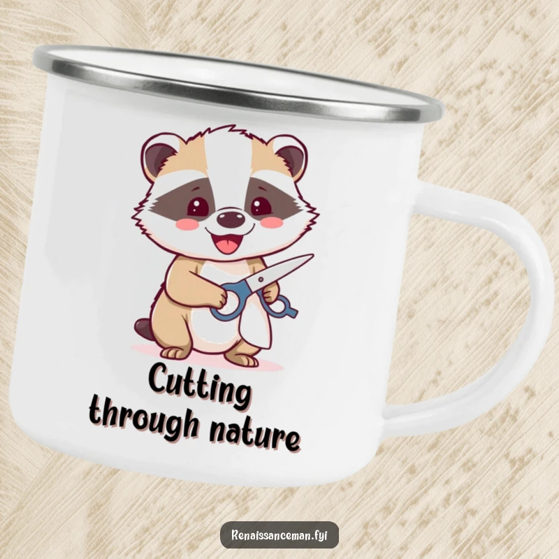 Funny enamel camping mug with a beaming badger happily using sharp scissors to cut fabric, ready for creative outdoor projects.