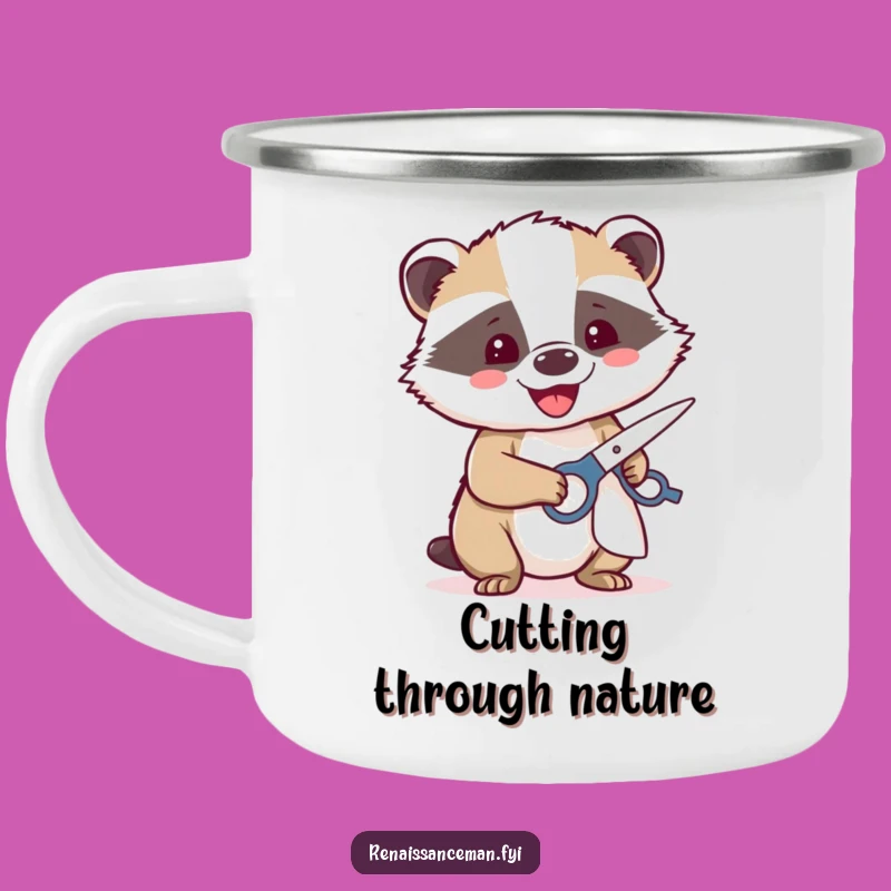 Enjoy your outdoor brews with this durable, funny camping mug featuring a happy badger with scissors. Perfect for the creative outdoorsperson.