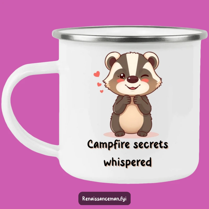 Enjoy your hot drinks outdoors with this funny camping mug featuring a giggling badger. Perfect for campfire stories and laughs.