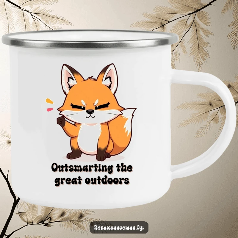 Funny camping mug with a smug fox making a dramatic point with a condescending head tilt, ideal for outdoor beverages with intellectual flair.