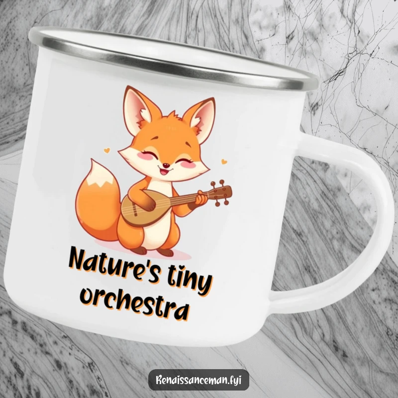Funny camping mug featuring a cheerful fox playing a tiny lute, perfect for musical outdoor enjoyment.