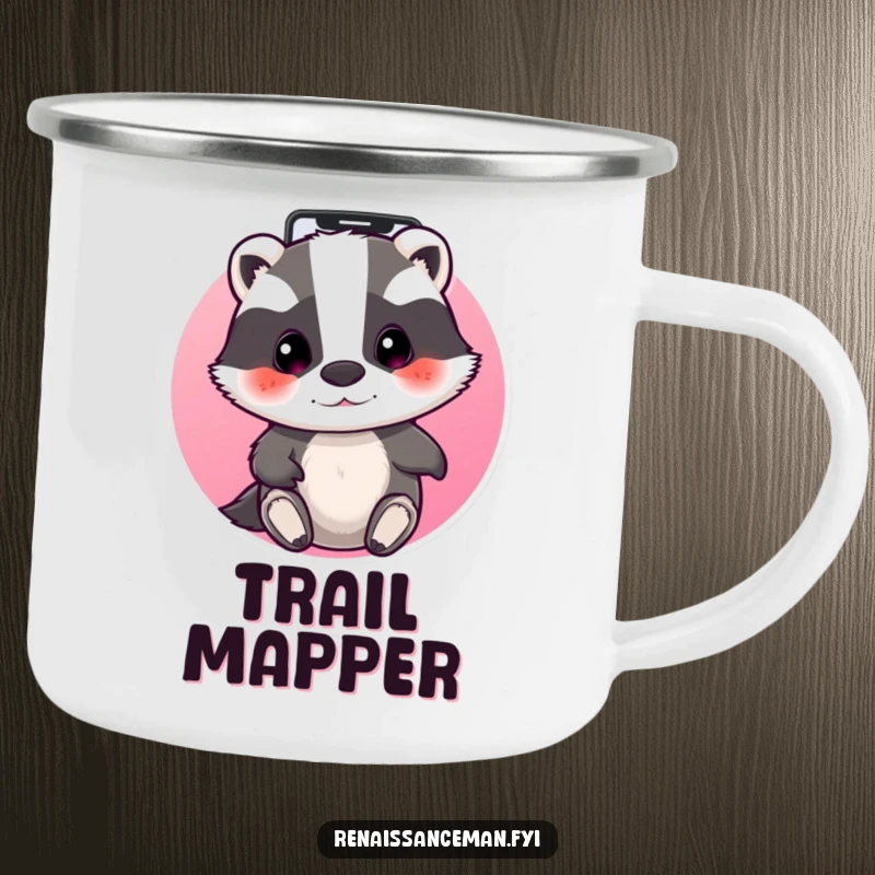 Funny beaming badger focused on a phone screen, swiping through apps. Durable and funny camping mug.