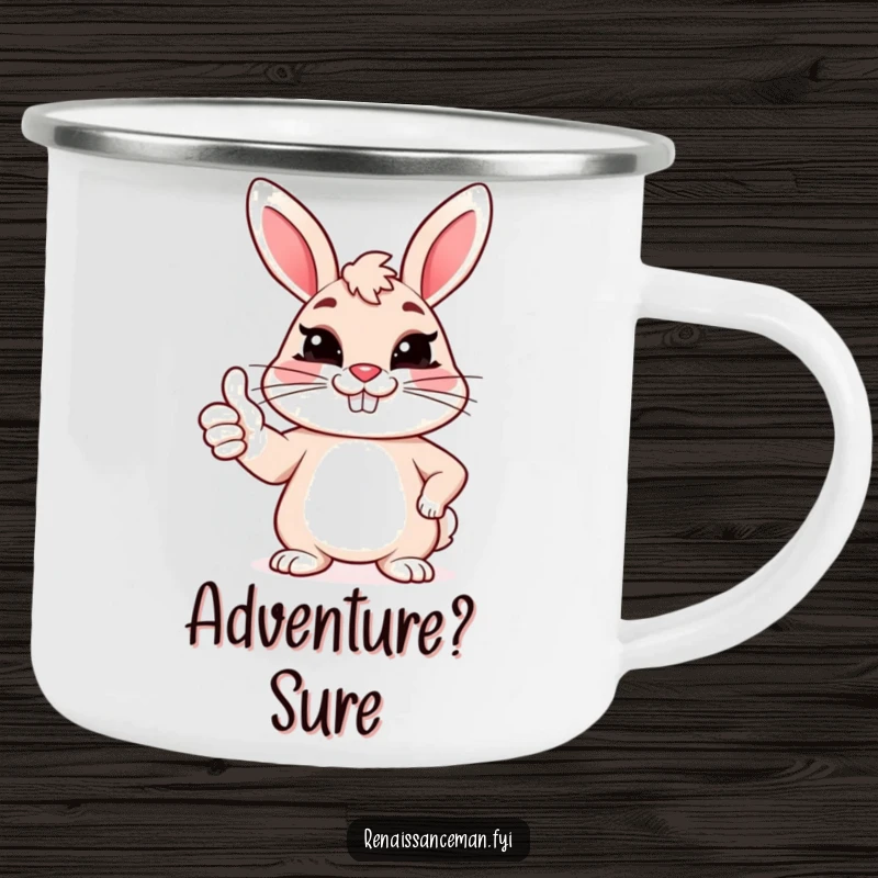 Funny camping mug with a cheerful bunny giving a sarcastic thumbs up and a forced grin, ideal for outdoor humor.