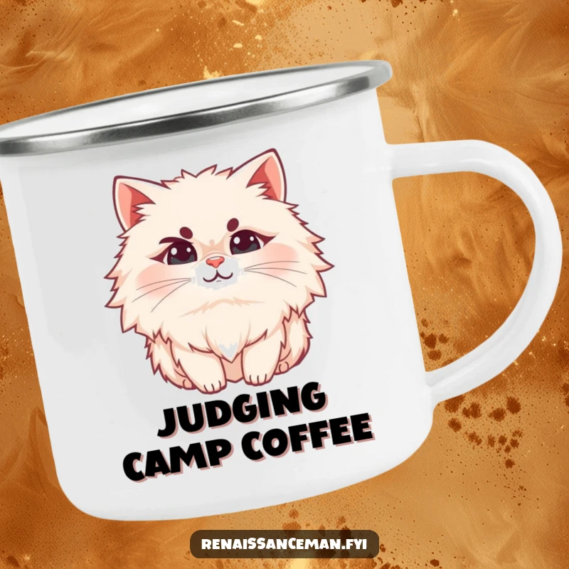 Funny cat camping mug, a fluffy cat with a raised eyebrow and a subtle smirk, perfect for outdoor enthusiasts.