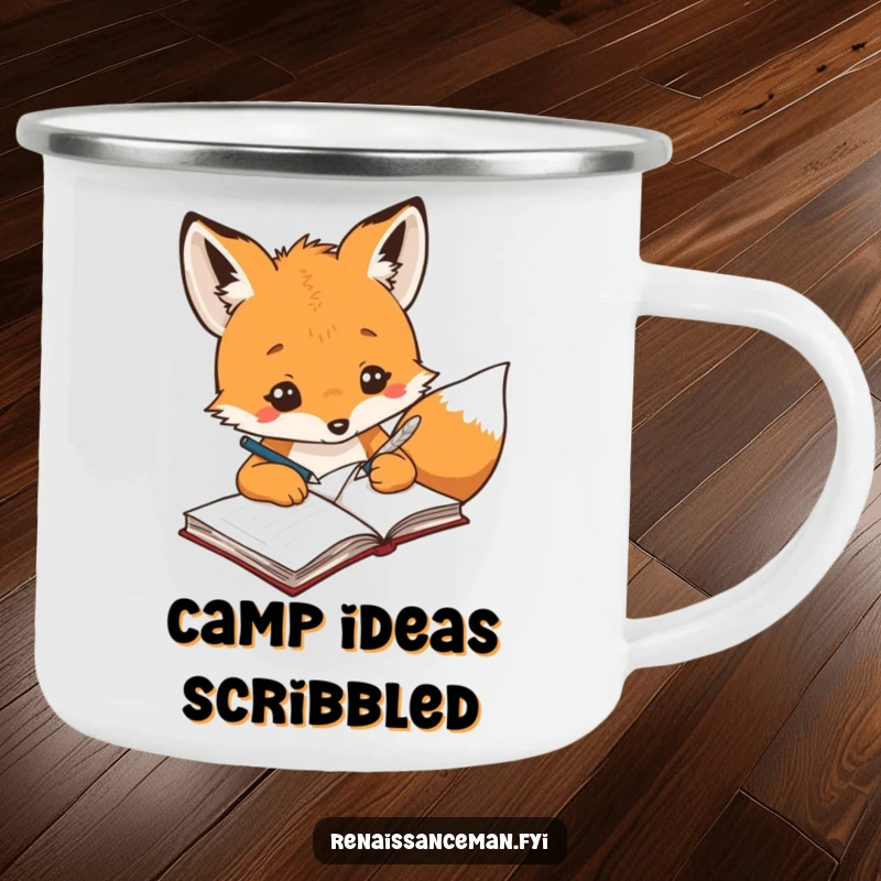 Funny creative fox with a quill pen writing ideas in a notebook, designed for a rugged and inspiring camping mug.