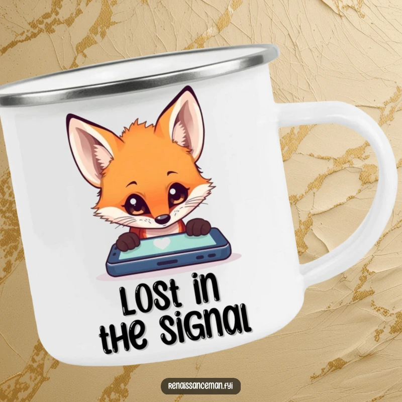 Funny fox staring at a mobile device with wide eyes, sitting by a campfire, printed on a durable camping mug.