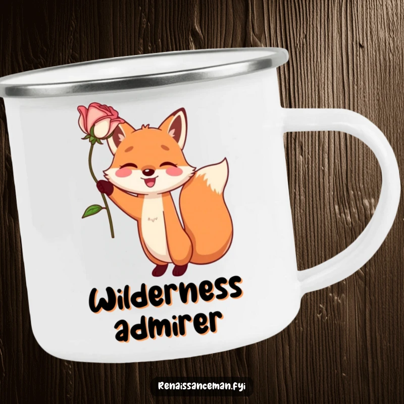 Funny camping mug with a happy fox character dramatically holding a single, perfect rose aloft. Durable and romantic.