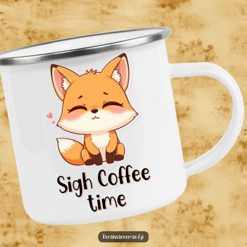 Funny camping mug showing a playful fox rolling its eyes with a sigh and smile, great for outdoor humor.