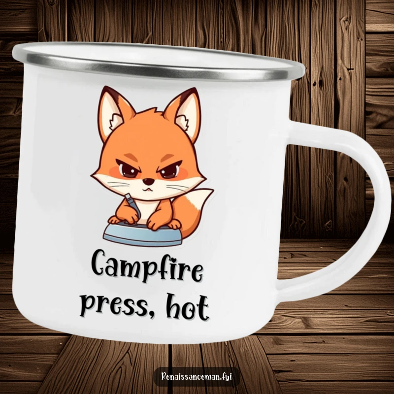 Funny camping mug showing a determined fox with a serious expression, ironing a seam on fabric, perfect for outdoor makers.
