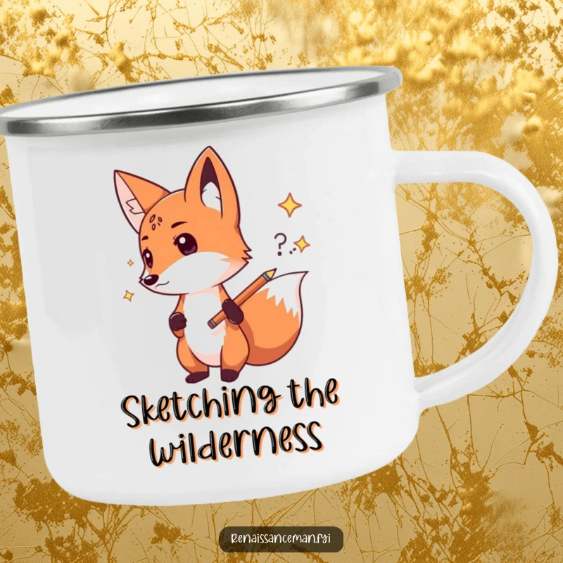 Funny fox sketch camping mug, rugged enamelware featuring a determined fox confidently sketching, ideal for outdoor planning and as a boldly humorous gift.