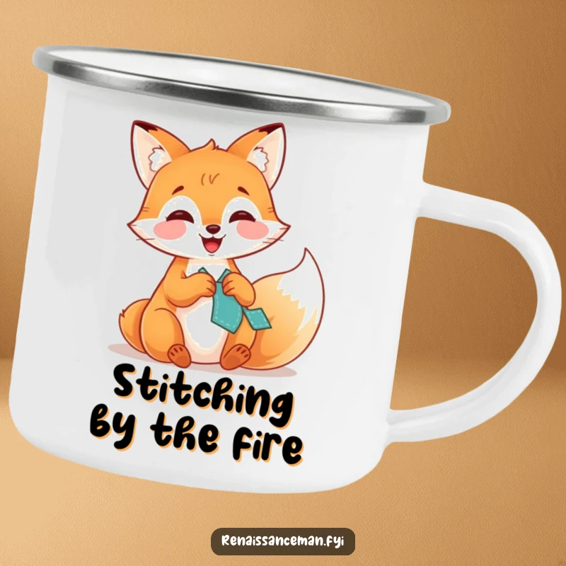 Funny camping mug with a giggling fox focused on stitching a patch, designed for durability and humorous outdoor enjoyment.