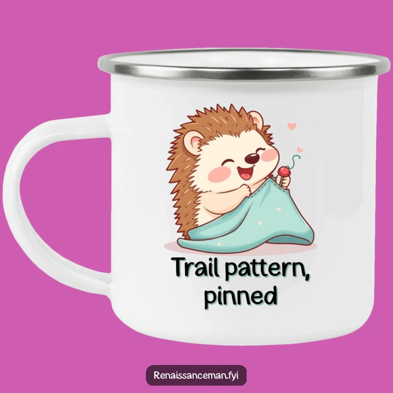 Take your crafting inspiration outdoors with this funny camping mug! The joyful hedgehog pinning a pattern makes every sip a delightful experience.